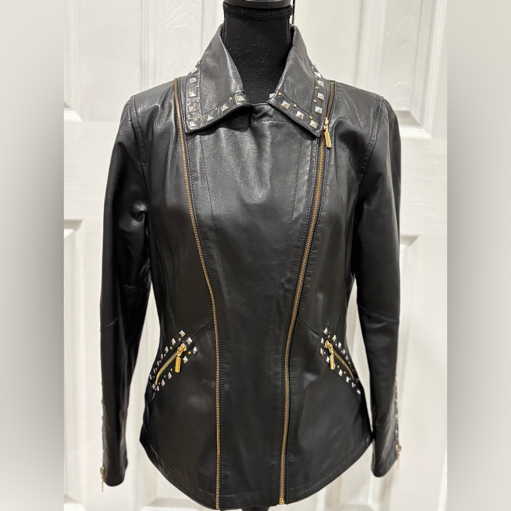 ORIGINAL BY Sharif VTG Black Leather STUDDED MOTO JACKET Size XS